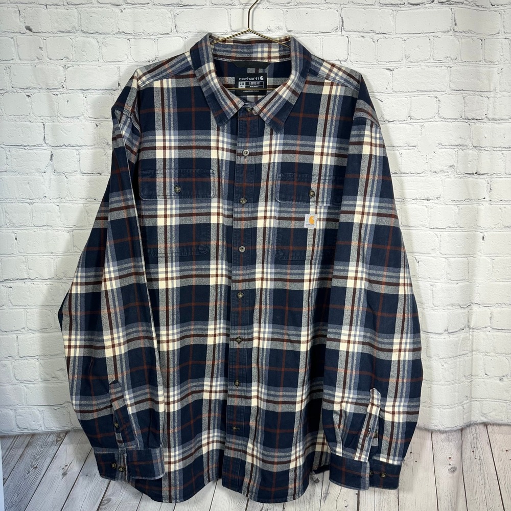 Carhartt Mens 2XL Tall Loose Fit Plaid Flannel Shirt Navy Blue Long Sleeve